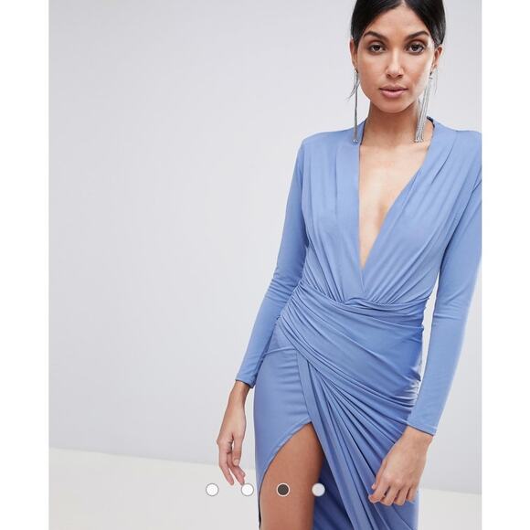 Zack Tall High Leg Slit Dress Asymmetrical Deep V Light Blue Wedding Guest 8 - Picture 3 of 11